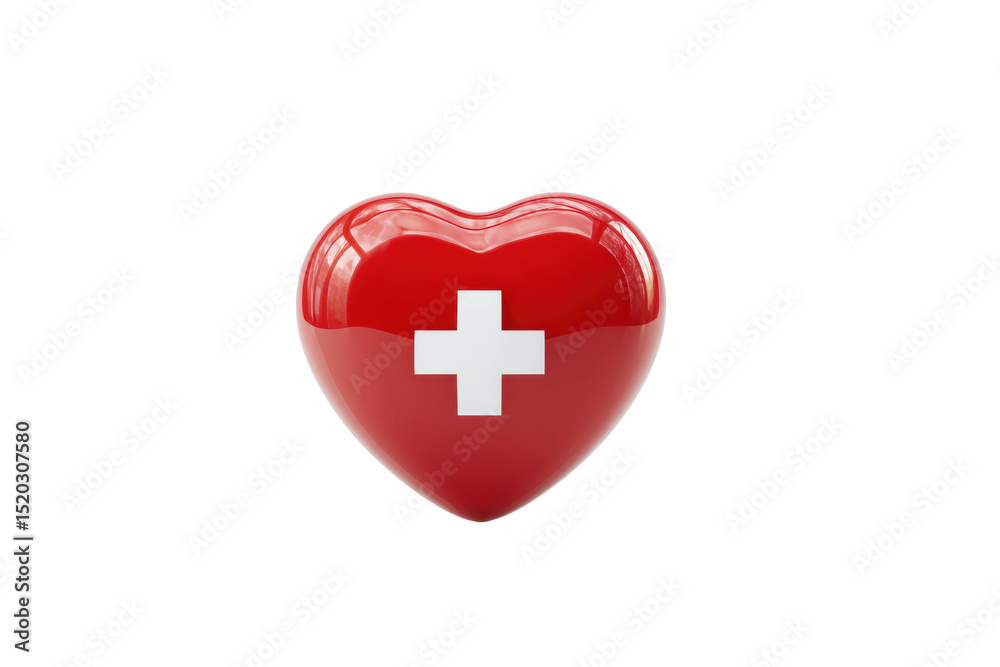 Obraz premium Red heart with swiss flag emblem on a reflective surface, cut out