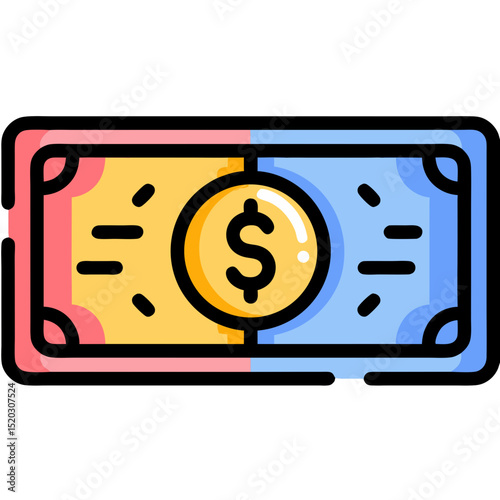 Cartoon Money Bill with Dollar Sign Pink Yellow and Blue