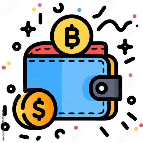 Cartoon Wallet with Bitcoin and Coin Surrounded by Confetti