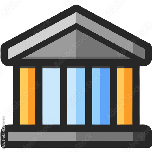 Cartoon Bank Building Icon with Columns and Triangular Roof