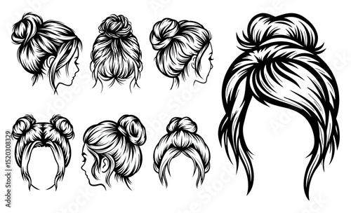 Collection of different black and white messy bun graphics