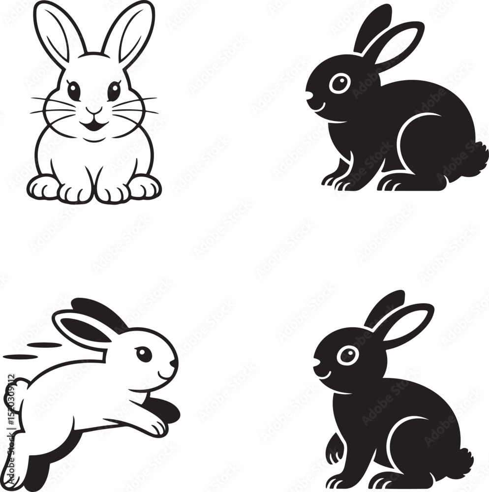 Fototapeta premium Rabbit silhouette & Outline set vector illustration isolated On Transparent Background
