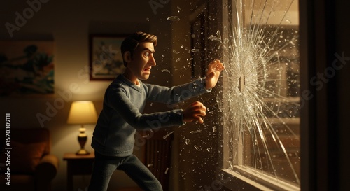 Animated man reacting to shattered window in cozy living room  