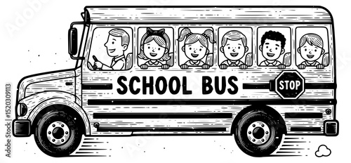 School bus full with smiling children isolated on white. Transparent PNG version.
