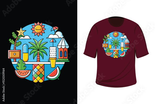 Colorful Summer T-Shirt Design with Tropical Beach Elements
