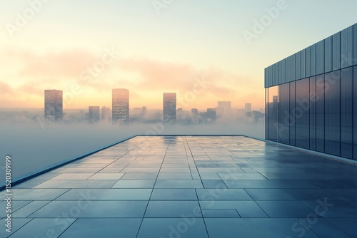 Modern Urban Skyline with Architectural Skyscrapers and Misty Sunset in City Metropolis