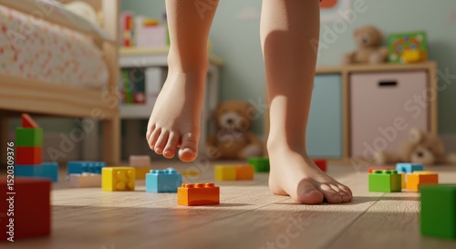 The child steps on the colorful parts of the construction kit in the playroom