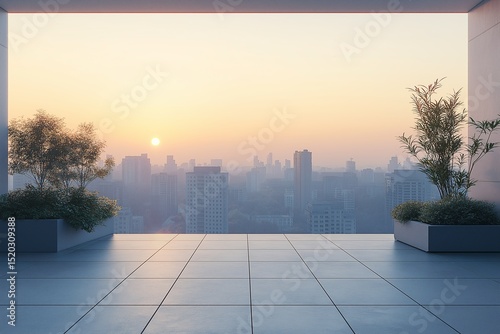 Modern Urban Cityscape with Potted Plants at Sunrise. A Contemporary Balcony Escape in the Metropolis Skyline