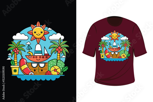 Colorful Summer T-Shirt Design with Tropical Beach Elements