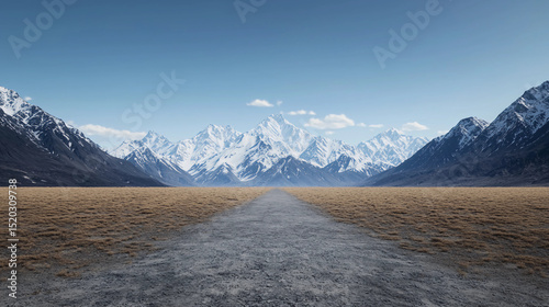 A long empty road leads to snow-capped mountains under a clear blue sky, flanked by dry grasslands and rugged peaks.