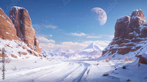 A snowy canyon with towering red rocks, mountains in the distance, and a large moon in the blue sky.