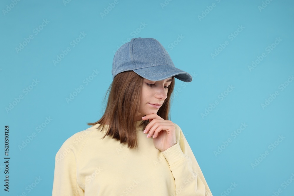 Young woman wearing stylish denim baseball hat on light blue background Young woman wearing stylish denim baseball hat on light blue background