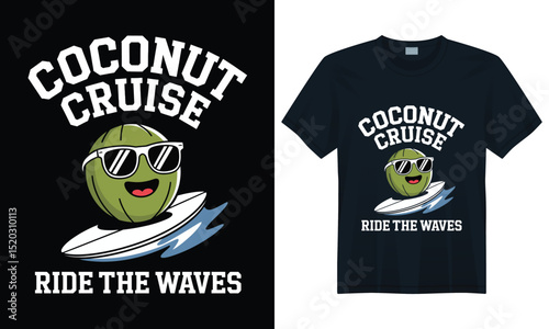 Smiling coconut surfing ocean waves with cool sunglasses in tropical beach summer artwork