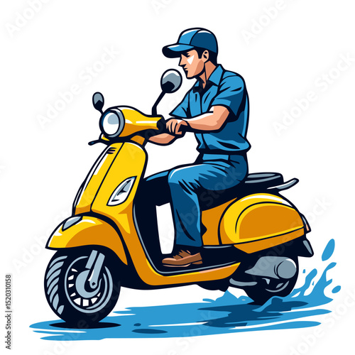 Man Riding a Yellow Scooter Cartoon Illustration