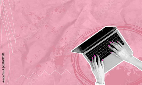 Online education, remote work. Young man manager or clerk with laptop on pink background. Contemporary art collage. Inspiration, idea, fashion. Concept of professional activity, business