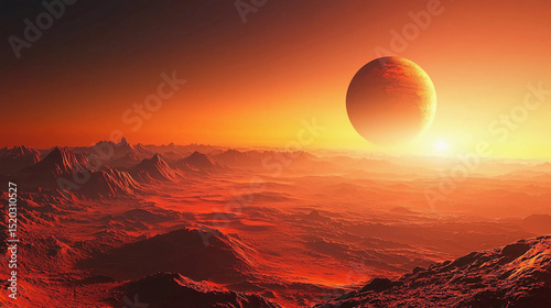 A fiery, red-orange alien landscape with rugged mountains and a large planet rising over the horizon in a dramatic, otherworldly sky.