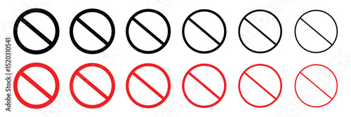 Set of Prohibition sign or stop icon collection. red Not Allowed symbol.