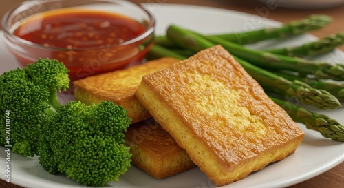 Freshly cooked tofu with vibrant green broccoli and asparagus served with a small bowl of sweet chili sauce on a white plate for a healthy meal