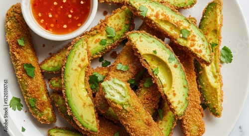 Crispy Fried Avocado Slices Served with Sweet Chili Sauce on a White Plate Garnished with Fresh Herbs and Colorful Garnish