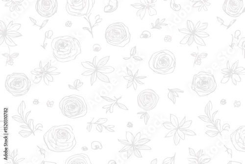 Seamless delicate hand-drawn flowers & leaves pattern in light gray on white, elegant & subtle design.
