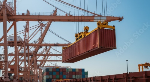 Industrial port scene featuring container crane lifting red cargo container against clear blue sky, showcasing logistics and maritime activity