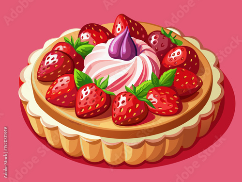 vector of Delicious strawberry tart photographed against a pink background. Fresh berries and cream aroma.
