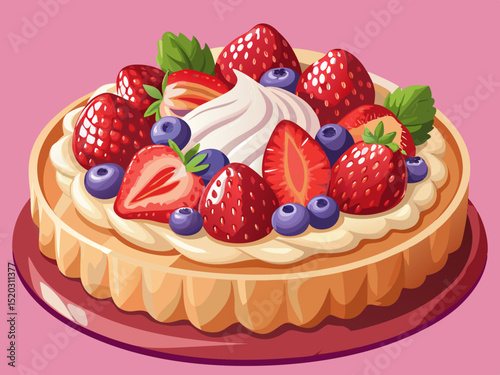 vector of Delicious strawberry tart photographed against a pink background. Fresh berries and cream aroma.