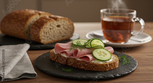 Delicious open-faced sandwich with ham, cucumber slices, fresh dill, and a warm cup of tea on a rustic wooden table setting