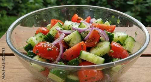 Fresh and Colorful Vegetable Salad with Tomatoes, Cucumbers, Red Onions, and Herbs in a Glass Bowl on a Wooden Table Surrounded by Nature