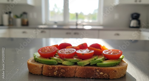 Fresh Vegetable Toast with Cherry Tomatoes and Avocado on a Silver Kitchen Counter with Bright Natural Light and Modern Interior Setting