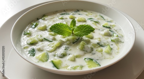 Refreshing Cool Cucumber Yogurt Soup with Mint Garnish Served in a White Bowl for Light Summer Meals and Healthy Snacks