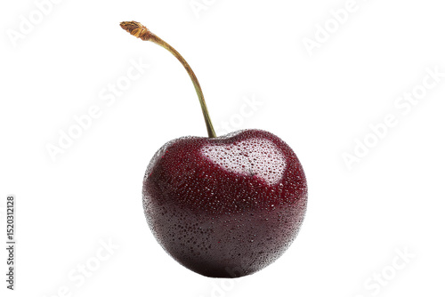 Fresh single cherry with water droplets on black background, cut out