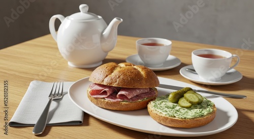 Delicious Breakfast Table Setting Featuring Savory Sandwich, Fresh Pickles, Gourmet Spread, and Refreshing Tea for a Perfect Morning Meal Experience