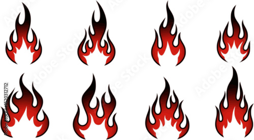 Flame silhouettes in classic 90s style, motorcycle and hot rod car style. Old school, retro tattoos. Black and white flame silhouette and outline style. Retro fire aesthetics, with flames. Vector set