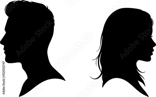 vector set, Vector illustration of silhouette man and woman portrait in profile. Male and female head on a white background side view.	