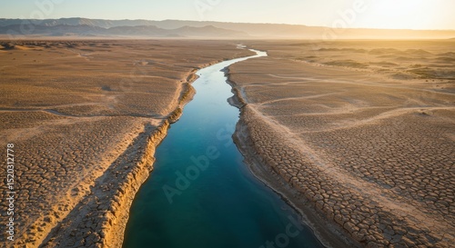 Serene Aerial View of Dry Riverbed Surrounded by Desert Landscape at Golden Hour with Clear Water Flowing Through Parched Earth
