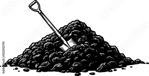.Shovel in a pile of coal. Hand draw vector illustration. Isolated object on a white background. Coal mining sketch.
