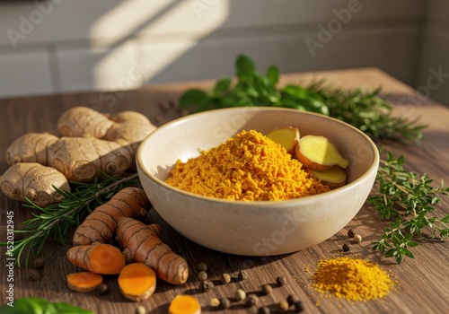 Vibrant Bowl of Ground Turmeric Among Fresh Ginger Roots and Green Herbs on Wooden Table in Warm Natural Light for Healthy Cooking and Wellness