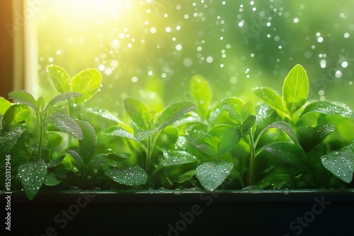 Indoor Gardening on a Rainy Day. Vibrant Green Leaves, Sprouts, and Moisture for Eco-Friendly Serenity