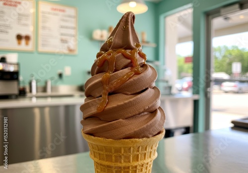 Delicious chocolate soft serve ice cream topped with caramel sauce in a waffle cone on a bright café countertop