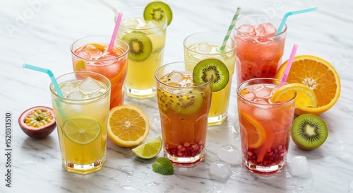 Refreshing and Colorful Fruit Drinks with Ice and Slices of Citrus Fruits, Perfect for Parties or Summer Gatherings, Bright and Inviting Beverage Display