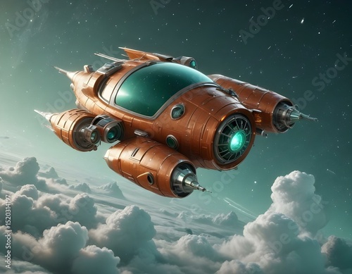 Wallpaper Mural A vintage silver and green spacecraft flying through a starry night Torontodigital.ca