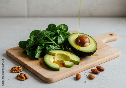 Fresh Avocado and Spinach with Nuts on Wooden Cutting Board and Olive Oil Drizzling, Healthy Eating and Food Preparation Concept