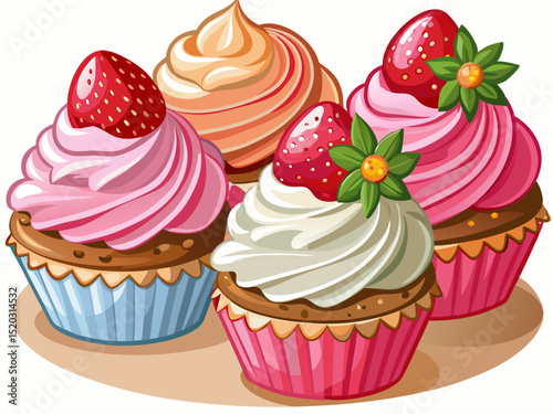 vector of Delightful pink and white frosted cupcakes, fresh strawberries in every bite.