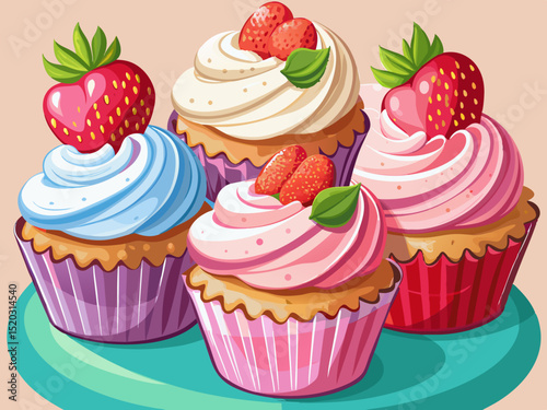 vector of Delightful pink and white frosted cupcakes, fresh strawberries in every bite.