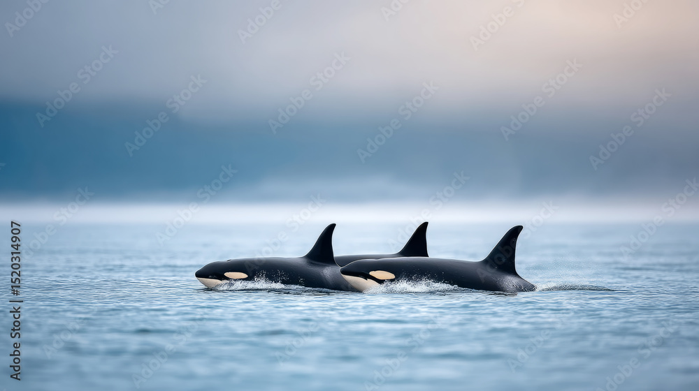 Naklejka premium Majestic orcas breaching in wide arctic ocean landscape