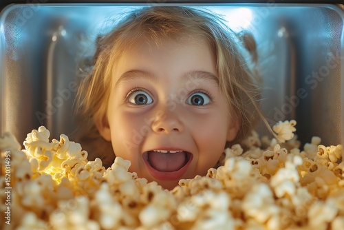 Joyful Kids Enjoying a Popcorn Frenzy. A Whimsical Hour of Laughter and Happiness in the Kitchen