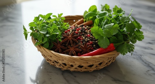 Fresh herbs and spices in a woven basket on a marble countertop, showcasing vibrant greens and colorful spices for culinary inspiration and cooking