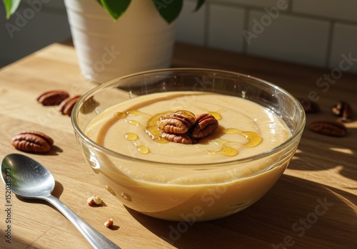 Creamy butternut squash soup with pecans and honey drizzled on top, garnished with whole pecans, served in a glass bowl on a wooden countertop