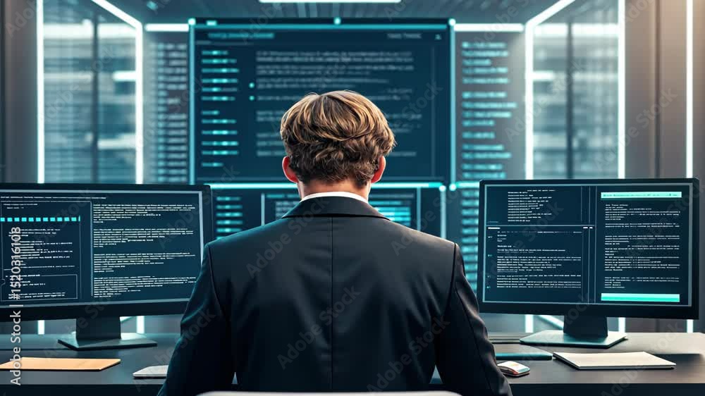 cyber security concept, Professional working with multiple screens ...